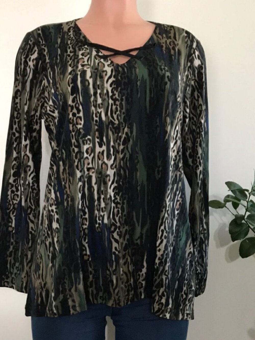 Belle by Kim Gravel Camo Print Top with Ribbon Neck Trim